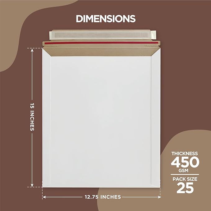 25 Pack 12.75x15 Inches Rigid Mailers – Self Adhesive White Cardboard Mailers – Used as Mailing Supplies for Mailing Documents, Photos, CDs, Magazines and Literature