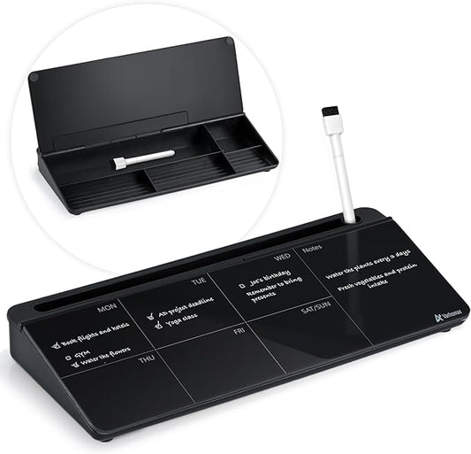 Varhomax Glass Weekly Planner Desk White Board, Desktop Calendar Whiteboard with Storage, to Do List Memo Caddy for Home Office and School Supplies, Black
