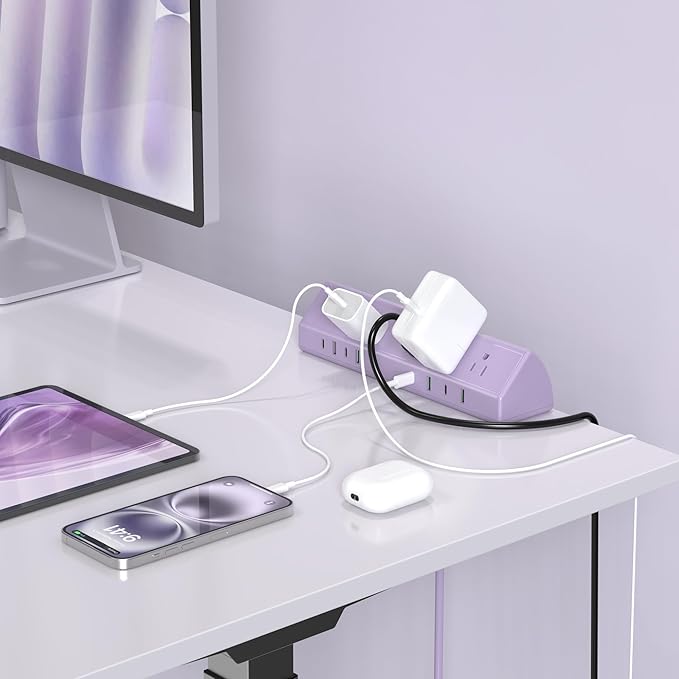 Jgstkcity Desk Clamp Power Strip,45W Fast Charging Station,4 USB-C,4 USB-A,1200J Surge Protector,ETL Listed,1875W Extension Cord,Multiple Outlets for Home, Office (Purple, 10 FT Cable)