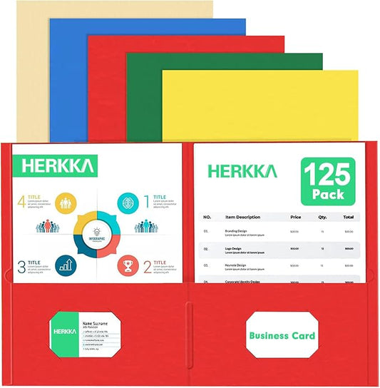 Two Pocket Folder, HERKKA 125 Pack 2 Pocket Folders with Business Card Slot, Letter Size Paper Folders Designed for Office and Classroom Use, Assorted 5 Colors