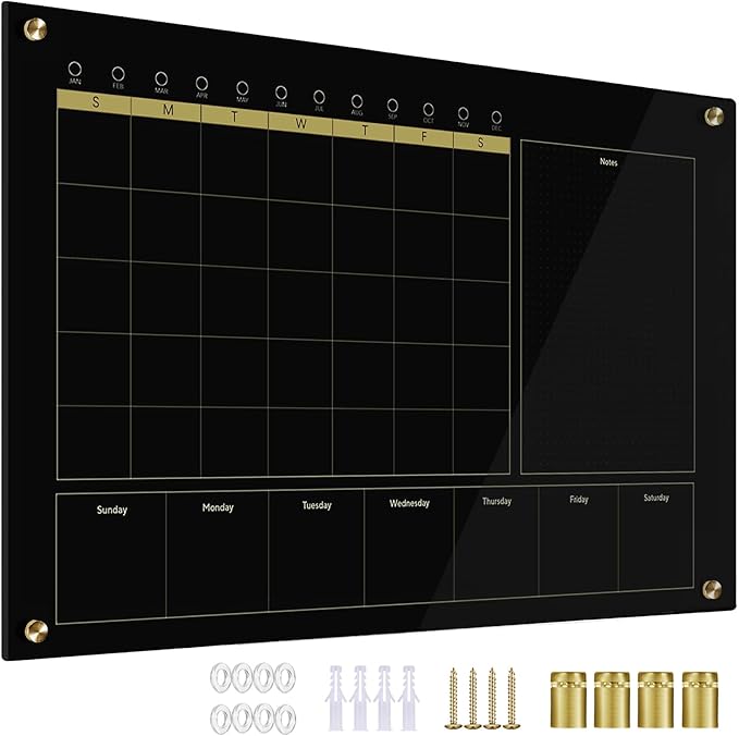 Black Glass 3-1 Monthly Dry Erase Calendar Whiteboard for Wall,24"x 36",Frameless Mounting,Office/School/Home, Frameless Large Planner White Board