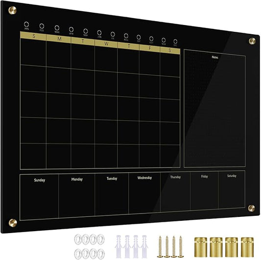 Black Glass 3-1 Monthly Dry Erase Calendar Whiteboard for Wall,24"x 36",Frameless Mounting,Office/School/Home, Frameless Large Planner White Board