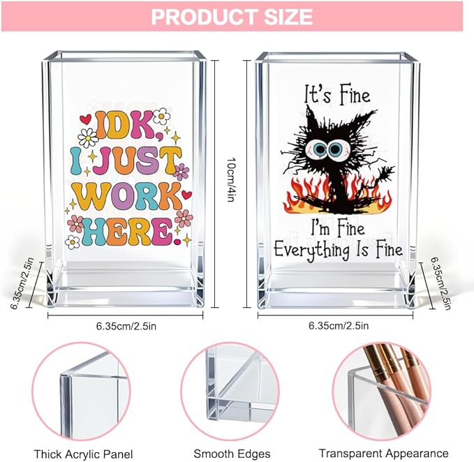 Vgrti Funny Black Cat Work 2 Pack Acrylic Cosmetic Pencil Pen Holder Cup, Cute Office Pen Holder for Desk, Funny Work Burnout Gifts for Coworker Friend, Office Sarcastic Gifts for Women Colleague Boss