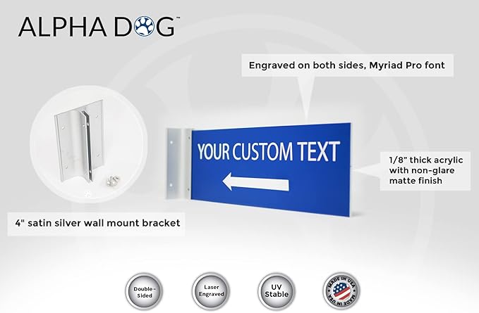 ALPHA DOG SIGNS Custom Projecting Hallway Sign, 4"x12" Double-Sided Business Plaque Left Arrow, Personalized Indoor Outdoor Wayfinding, Easy Install, Durable, Made in USA (Blue)