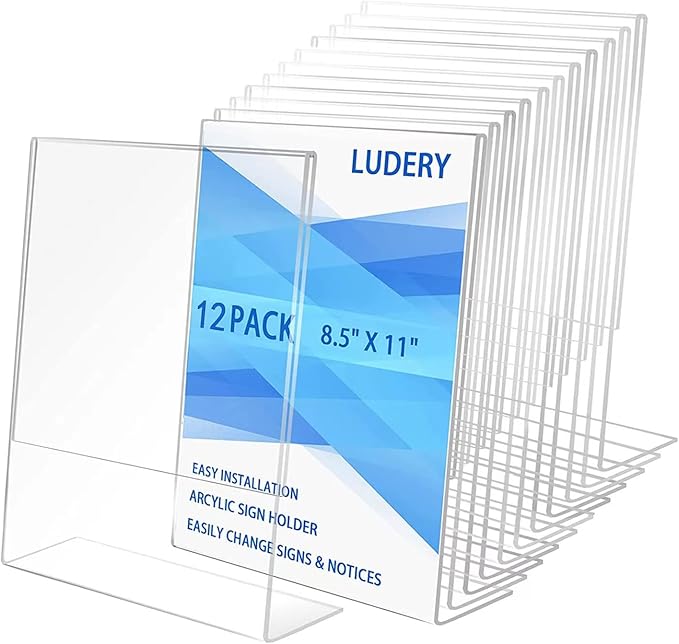 Ludery 8.5x11 Inches Acrylic Sign Slant Back Holder, Plastic Display Stand,Brochure Holder, Table Top Sign Holder For Office, Home, Store, Restaurant(12pack)