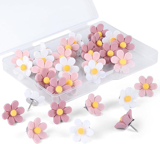 wusuowea Flower Push Pins, 30pcs Pins for Cork Board Pink Decorative Thumb Tacks Cute Fun Photo Wall, Feature Map, Bulletin Board, Office or Home
