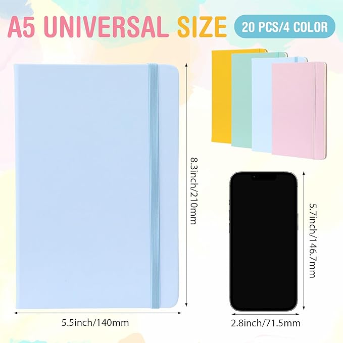 Honoson 20 Pack Lined Journal Notebooks A5 Hardcover Executive Notebook 5.5" x 8.3" PU Leather Wide Ruled Journals Bulk with Elastic Band for Home Business Office School Supplies(4 Pastel Colors)