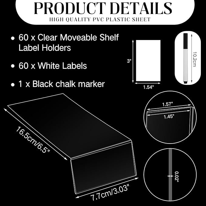 Containlol 60 Sets Moveable Shelf Label Display Holders with Label Inserts and Marker Clear Shelves Tag Plastic Shelf Markers Teachers Gift for Classroom Office Book Shelves(6.5 x 3 x 1.57 Inch)