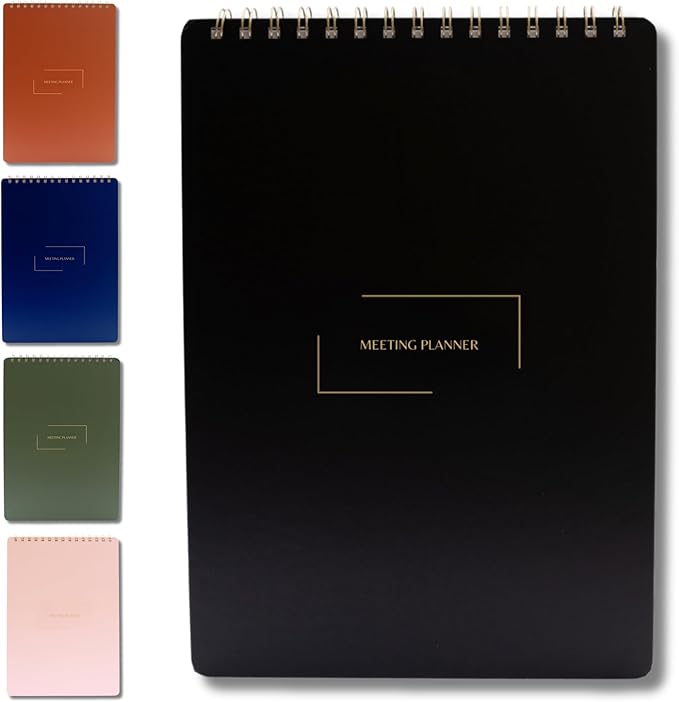 Merely Home | Meeting Notebook for Work | 8.25" x 11.75" | Project Planner | Simple Design | Multiple Layouts | Office and Business Planner (Black, Meeting Planner - Portrait)