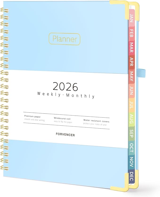 Forvencer 2026 Planner, Hardcover Calendar Planner Weekly and Monthly, Jan 2026 - Dec 2026, 6" x 8", Spiral Agenda Book with Tabs, Exquisite Daily Journal Organizer for Home School, Light Blue