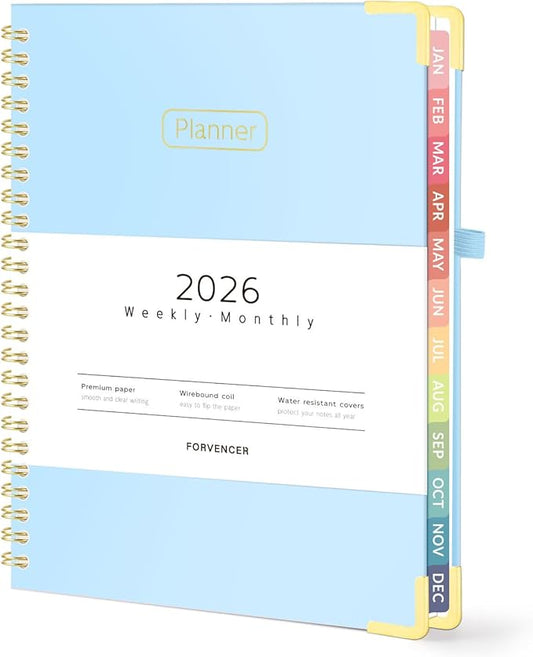 Forvencer 2026 Planner, Hardcover Calendar Planner Weekly and Monthly, Jan 2026 - Dec 2026, 6" x 8", Spiral Agenda Book with Tabs, Exquisite Daily Journal Organizer for Home School, Light Blue