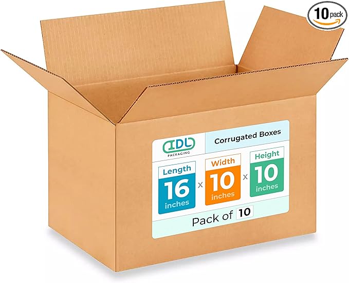 Medium Shipping & Moving Boxes 16x10x10 inches (10-Pack) - Extra Strength 200 lb vs Regular - Corrugated Packing Boxes for Moving - Cardboard Box, Made in USA - Packaging Box by IDL Packaging