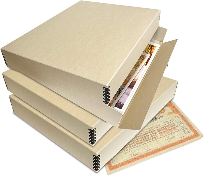 Lineco Museum Archival Storage Box, 17.75x22.75x3 in. Drop Front Design. Acid-Free with Metal Edge. Organize Photos, Pictures, Prints, Documents, Crafts, DIY. Tan, 2 Pack