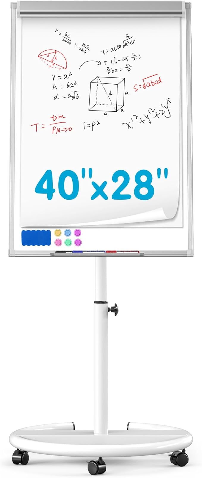Mobile Dry Erase Board on Wheels 40 x 28 Inch-Magnetic Whiteboard Easel with Height Adjustable Stand - Rolling Presentation Board with Flipchart Paper Pad for Homeschool Teaching, Office, Workshops
