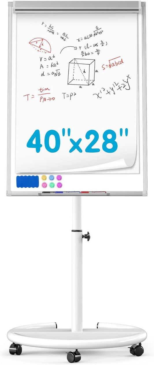 Mobile Dry Erase Board on Wheels 40 x 28 Inch-Magnetic Whiteboard Easel with Height Adjustable Stand - Rolling Presentation Board with Flipchart Paper Pad for Homeschool Teaching, Office, Workshops
