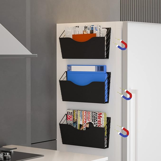 3 Pockets Magnetic File Holder for File Cabinets, Refrigerator, Whiteboard, Magnetic Paper Organizer, Magnetic Mail or Folder Holder,Magnetic Magazine Rack,Wall Mount Hanging Mail Organizer (black)