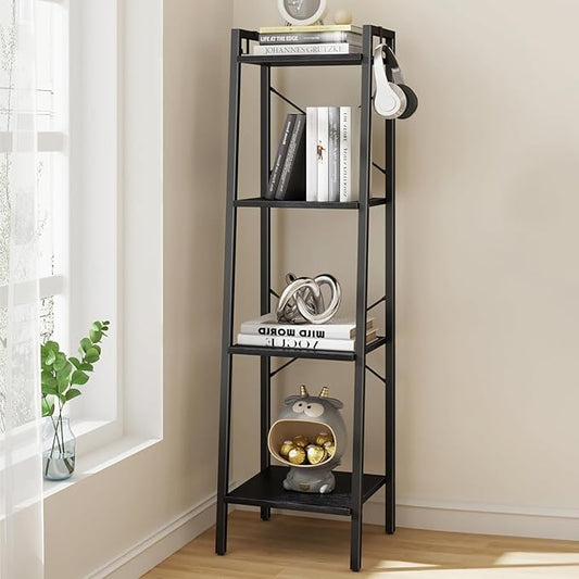 Hzuaneri Ladder Shelf, Bookshelf Bookcase, Freestanding Corner Storage Shelve with 2 Hooks for Home Office, Living Room, Kitchen, Bedroom, Industrial, 11.8" D x 13.4" W x 47.2" H, Black BC13204B