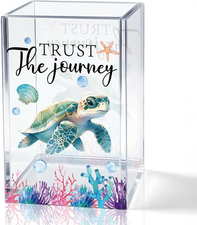 QYUVK Trust The Journey Acrylic Pencil Holder Cup, Inspirational Gifts for Friends Coworker, Funny Sea Turtle Pen Holder for Women Girls Turtle Lover, Pencil Cup for Desk, Marker Makeup Organizer