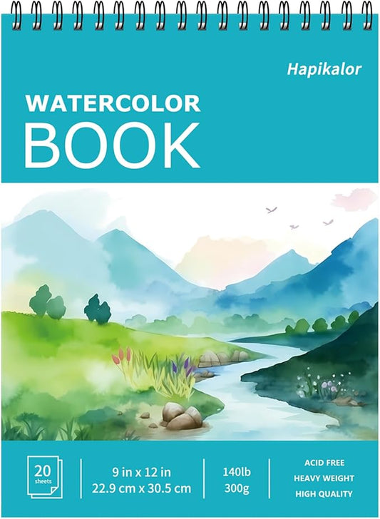 Hapikalor 9"x12" Watercolor Sketchbook, 1-Pack Spiral Bound, Water Color Paper, 140lb/300gsm Watercolor Paper, Watercolor Notebook, Watercolor Journal, Sketch Pad, School Supplies, Teal