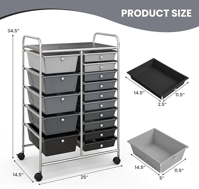 LDAILY 15 Drawer Rolling Storage Cart, Rolling Cart with Drawers for Classroom, Art Supply Craft Organizer on Wheel with Metal Frame & Handles for Home Office School