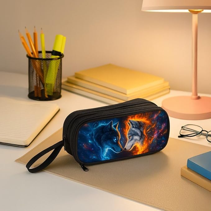 HiMagics Children's Pencil Case, Large Zipper Pencil Pouch for Boys with Two Compartments Boys Pen Pouch for School Wolf Pencil Bag, Black