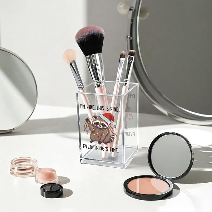 Vgrti I'm Fine This Is Fine Acrylic Cosmetic Pencil Pen Holder Cup, Funny Raccoon Christmas Pen Holder Cup, Raccoon Lover Gifts for Women Men, Office Sarcastic Gifts for Women Men Colleague Boss