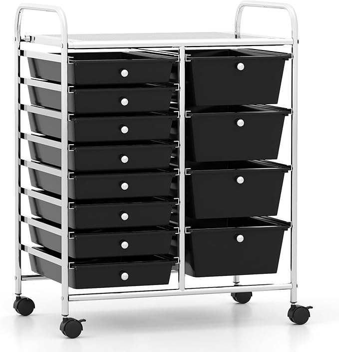 LDAILY 12 Drawer Rolling Storage Cart, Rolling Cart with Drawers for Classroom, Art Supply Craft Organizer on Wheel with Metal Frame & Handles for Home Office School (Black, 12 Drawer Left-Right)