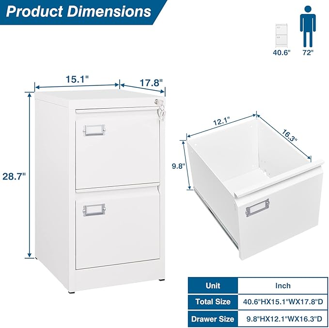 PEUKC 2-Drawer File Cabinet, 16.3" Deep Vertical Filing Cabinet with Lock, Metal File Cabinet for Home Office, Anti-Tip 2 Storage Drawers for Letter/Legal/A4/F4 Size (Assemble Required, White)