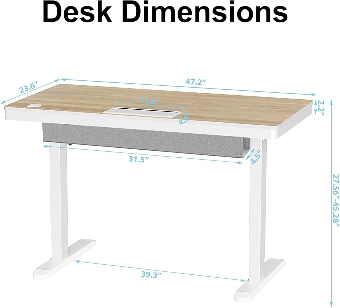 ERGO COLLECT Electric Standing Desk 48 Inch - One-Piece Desktop with Drawer, Cable Management, Wireless Charging & USB Port, Quiet Motor - for Home Office, Light Wood