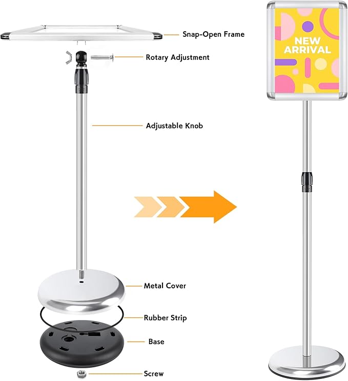 RedChili 2 Pack Sign Holder Stand 8.5x11 Inch, Adjustable Floor Standing Sign Holder Signage Stand with Aluminum Snap-Open Frame Vertical Horizontal View Display For Malls Schools Restaurants (Silver, Round Corner)