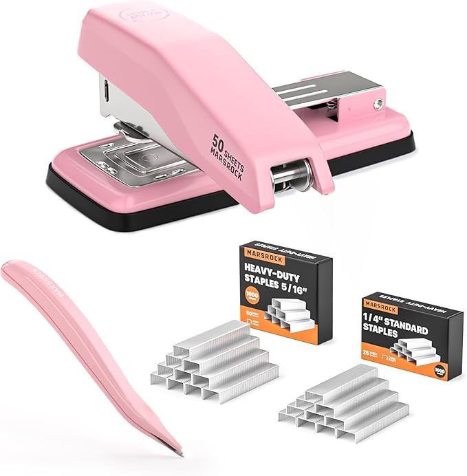 Marsrock Desktop Stapler, Swing-Arm Swivel Stapler, 50 Sheet Capacity, 2000 Staples and Staple Remover, Rotatable Heavy Duty Staplers for Office, Home, Classroom, Booklet, Book Binding,Pink