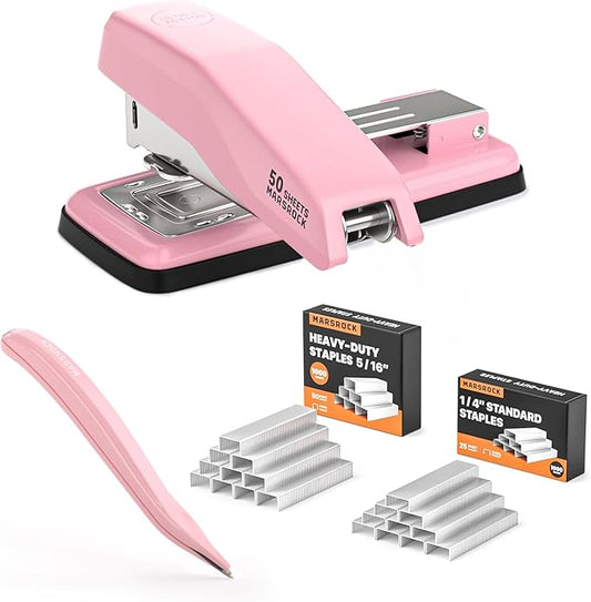 Marsrock Desktop Stapler, Swing-Arm Swivel Stapler, 50 Sheet Capacity, 2000 Staples and Staple Remover, Rotatable Heavy Duty Staplers for Office, Home, Classroom, Booklet, Book Binding,Pink