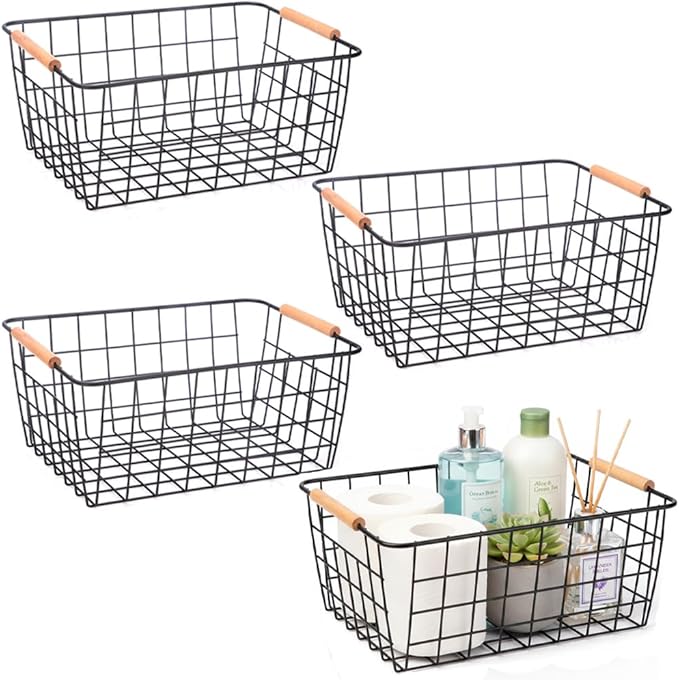 HDYOUDO Metal Black Wire Basket,Food Storage Basket Organizer with Wooden Handles for Organizing,pantry and organizers Kitchen Cabinets Shelf potato onion, 4 Packs-Black