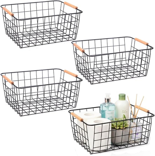 HDYOUDO Metal Black Wire Basket,Food Storage Basket Organizer with Wooden Handles for Organizing,pantry and organizers Kitchen Cabinets Shelf potato onion, 4 Packs-Black