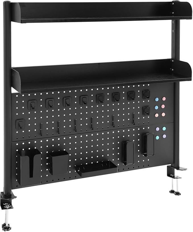 Dlinanta Clamp-On Pegboard Desk Organizer, 2-Tier Clamp On Desk Shelf with Hooks, Office Accessory Organizer for Books, Office Supplies & DIY Storage, 16.5lbs Capacity, 39.37" x 37.4", Black
