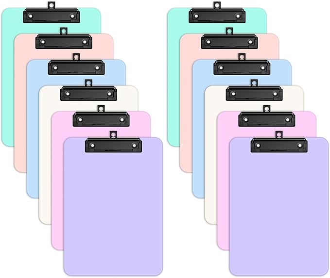 Zoenley A4 Plastic Clipboard Set of 12, Light Colorful 12.5 x 9 Letter Size for Classroom, Students, Teacher, Nurse, 8.5 x 11 Clip Board with Low Profile Black Clip, Office & School Supplies