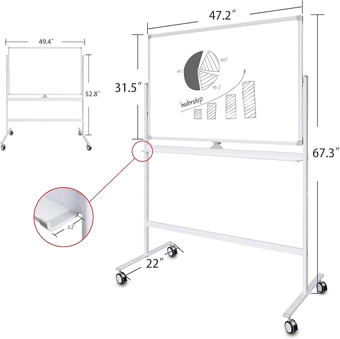 Adjustable Magnetic Mobile Dry Erase Board -48 x 32 Inches Whiteboard Stand with Easel, Lockable Rolling Stand - Double-Sided 80 ×120CM White