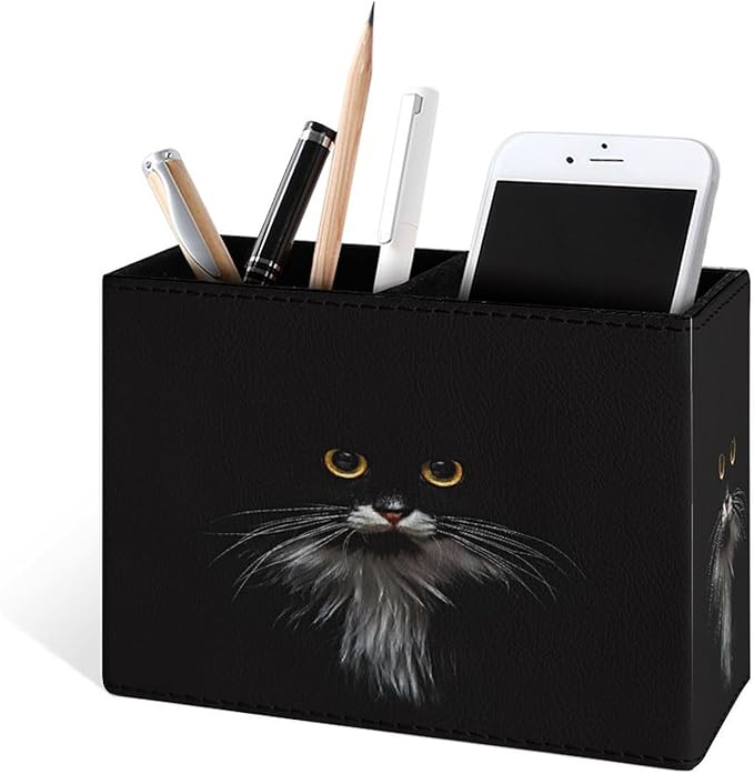 Famame 3D Cute Black Cat Pencil Holder for Desk, Leather Desktop Container Pen Cup Storage Study Table Pen Organizer Makeup Brush Holder for Classroom Office Home