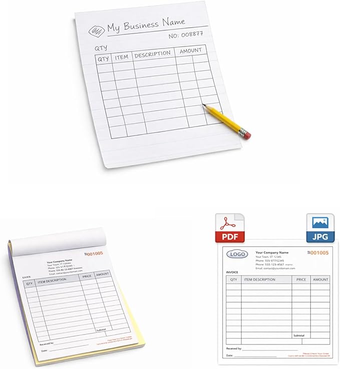 Custom Carbonless Invoice Book with Logo, Personalized Cover & Inner Pages, 2 Part NCR Receipt & Work Order Forms, Easy Tear, Writing Shield for Small Business (Upload Your Design, 8.3 x 5.5INCH)