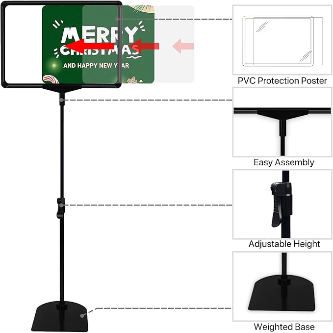 Sign Holder Stand with Adjustable Height Snap Open, Reusable Sign Holder 8.5 x 11 Inch for Display Advertising Business Menu Flyer Signage, Vertical and Horizontal View (Black, 2 Pack)