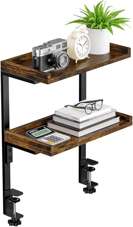 ART-GIFTREE Clamp On Desk Shelf 2-Tier, 12.5 inche Wood Shelving Unit for Office Desk/Gaming Accessories, Tabletop Book Storage Rack, Shelf for Top & Under of Desk, Brown