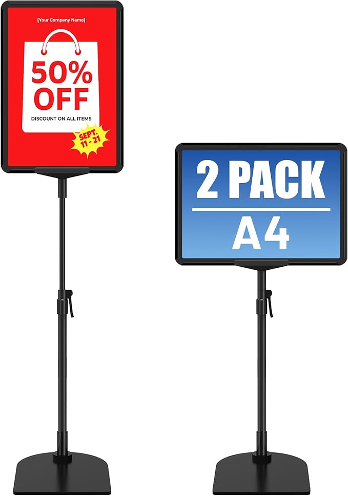 VAIIGO Sign Holder Stand A4, Adjustable Poster Stand for Table Top & Floor, Signage Display Stands, Floor Standing Sign Holder for Advertisement, Tradeshow, Store, Business, 2 Pack
