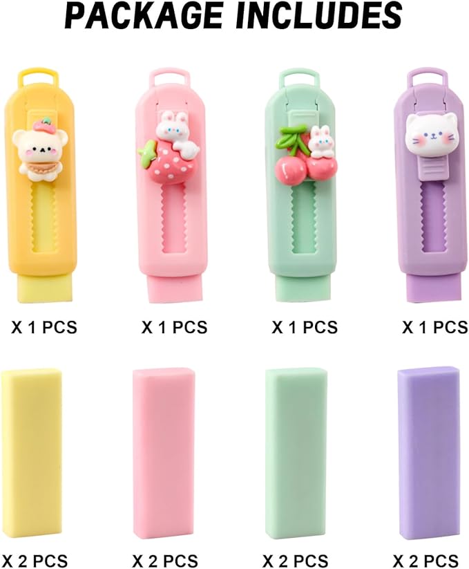 BetterJonny Sliding Retractable Eraser, 4 Color Push Pull Erasers and 8 Refills, Animal Erasers for Pencils Drawing(B)