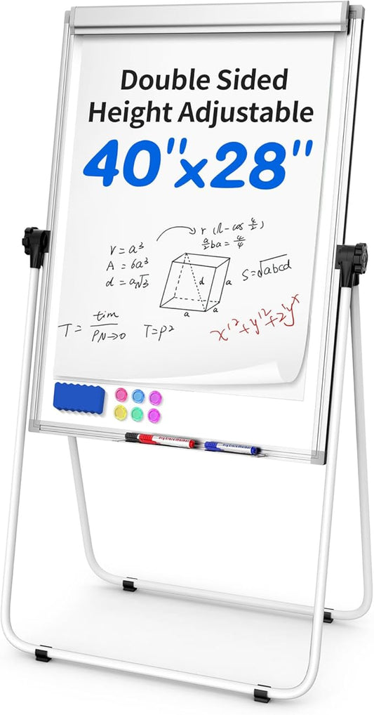 DexBoard U-Stand Double Sided 40" x 28" Magnetic Dry Erase Easel, Height Adjustable & 360° Rotating Whiteboard with 1 Eraser, 6 Magnets and Paper Pads