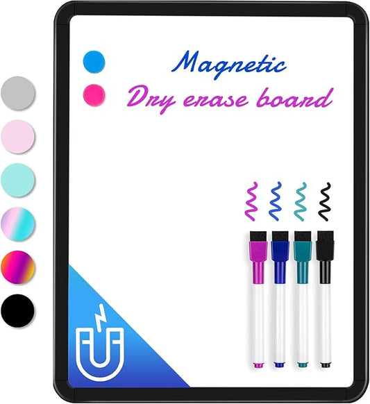 VUSIGN Small White Board Dry Erase, 11''x14'' Magnetic Dry Erase Board, Mini Whiteboard with Markers for Students, Fridge, Wall, Locker, Black