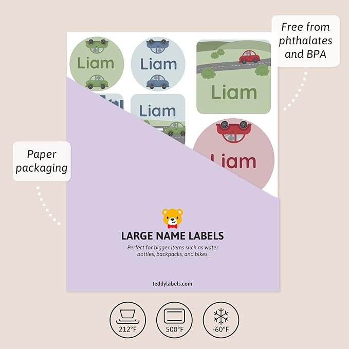 Large Name Labels for Kids (33) - Custom Stickers for Daycare and School Supplies - Durable, Waterproof Stickers for Water Bottles, Lunch Boxes, and More with Unique Designs - Cars