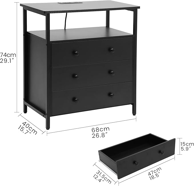 Edbuosy 3 Wooden Drawers Nightstand, 27 Inch Wide Night Stand Set 2 with Charging Station and Adjustable Drawers, Small Dresser for Closet, Bedside Table for Living Room/Bedroom/Office, Black.