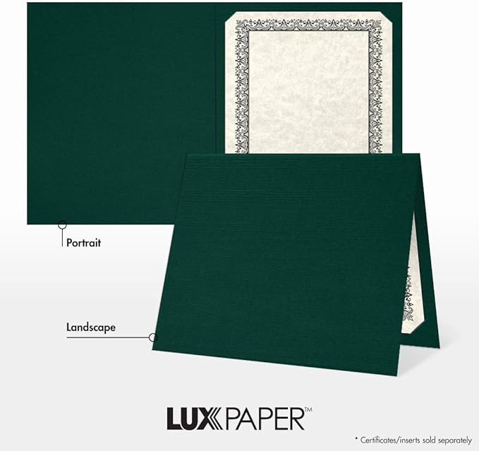 LUXPaper 9.5" x 12" Certificate Holders | Green Linen | 100lb. Cover | 25 Qty