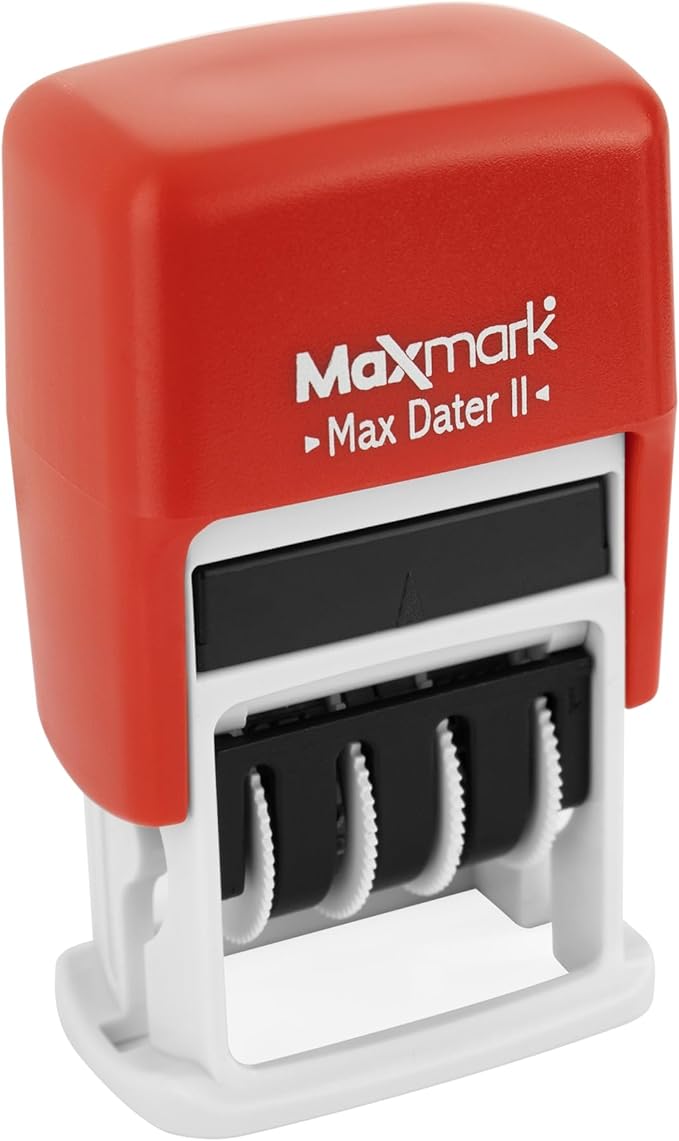MaxMark Self-Inking Rubber Date Office Stamp with Revised Phrase & Date - RED Ink