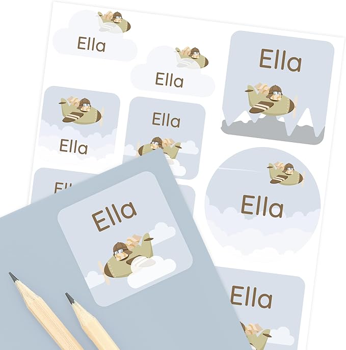 Large Name Labels for Kids (33) - Custom Stickers for Daycare and School Supplies - Durable, Waterproof Stickers for Water Bottles, Lunch Boxes, and More with Unique Designs - Classic Airplane